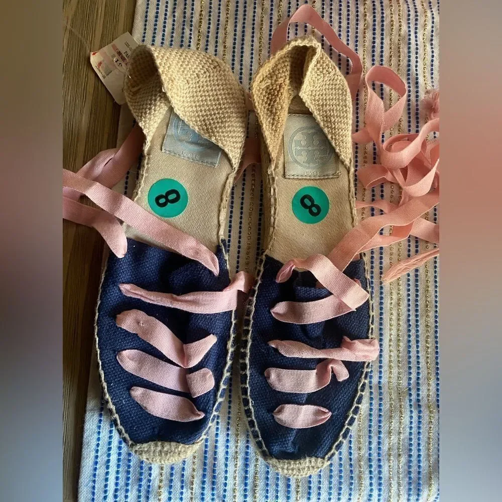 Tory Burch Womens Espadrilles size 8 Navy /pink Ankle Wrap Woven Natural NEW